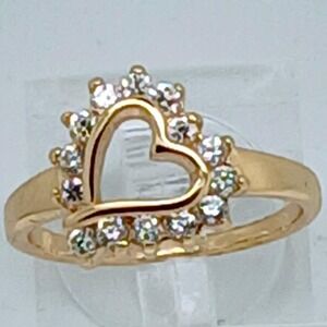 Vintage Gold Tone Open Heart Halo Cubic Zirconia Ring Size 9 Romantic Jewelry